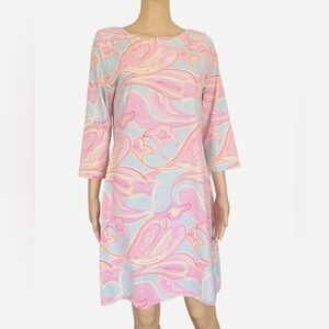 BRITT fitted paisley above knees blue pink dress M boat neck 3/4 sleeves button
